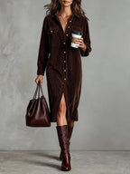 Women's Corduroy Midi Dress with Loose Fit and Bust Pockets