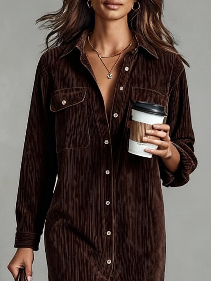 Women's Corduroy Midi Dress with Loose Fit and Bust Pockets