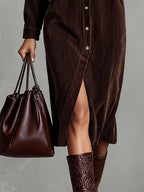 Women's Corduroy Midi Dress with Loose Fit and Bust Pockets