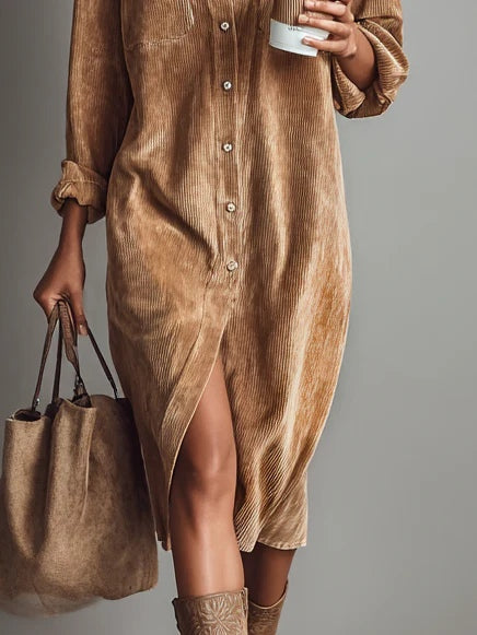 Women's Corduroy Midi Dress with Loose Fit and Bust Pockets