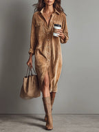 Women's Corduroy Midi Dress with Loose Fit and Bust Pockets