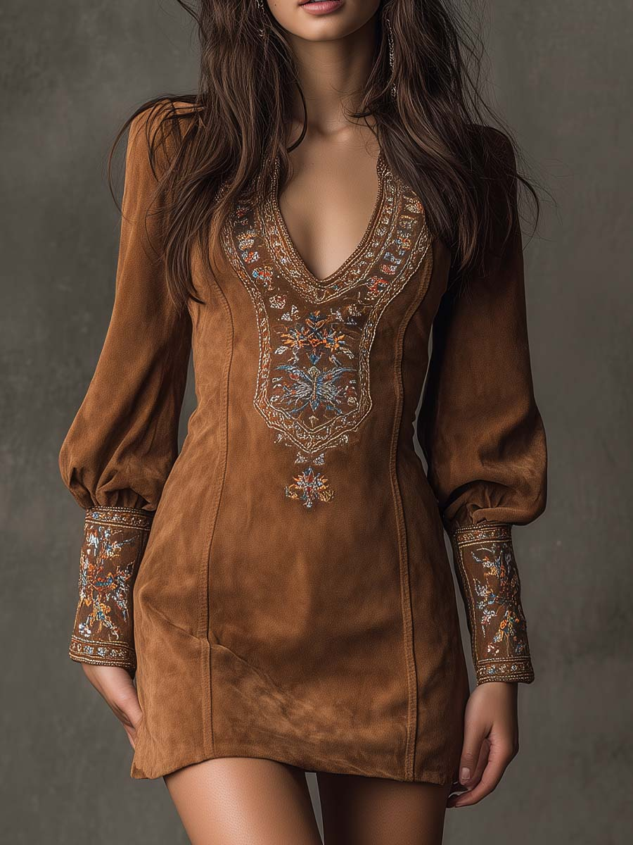 Damen-Minikleid aus Wildleder mit Stickerei und V-Ausschnitt  
