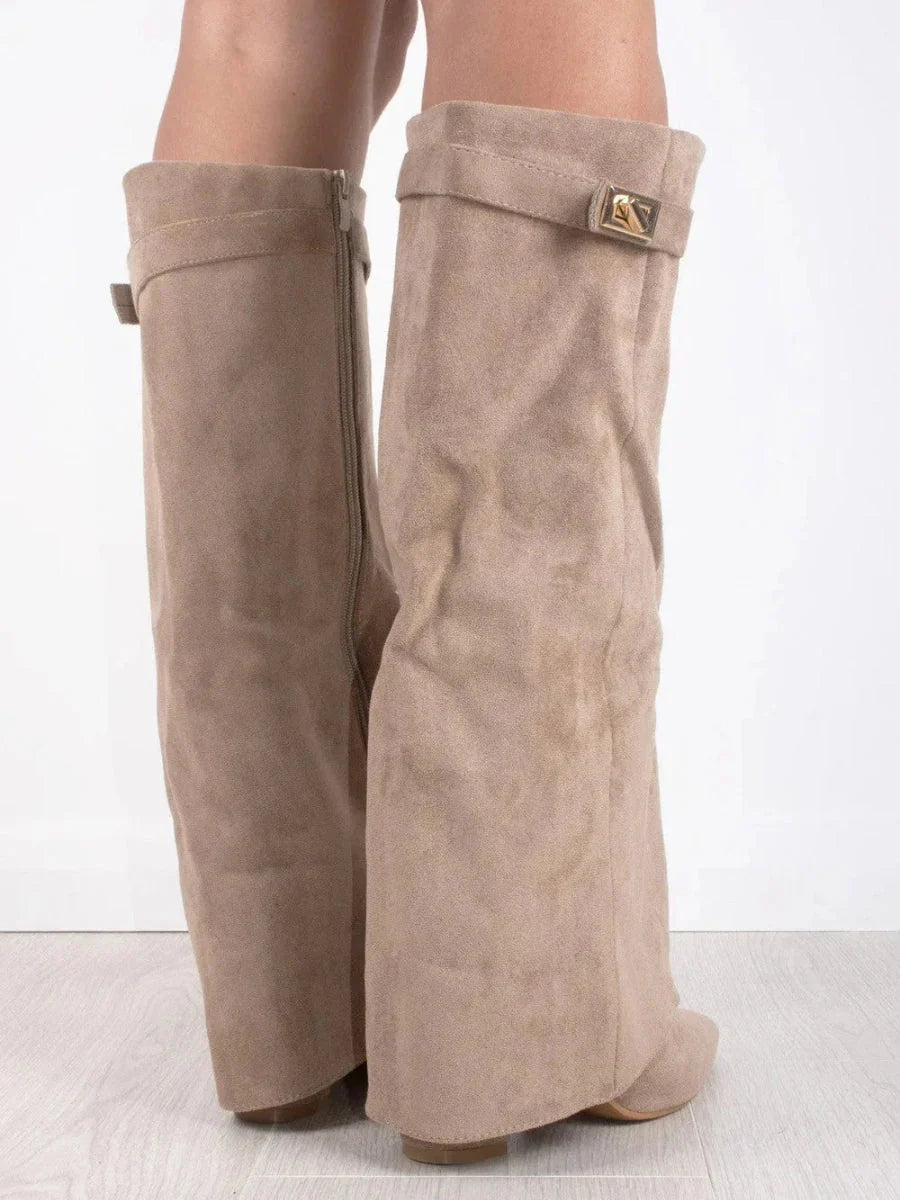 Damen hohe Stiefel mit Klappe, elegante zeitlose Schuhe