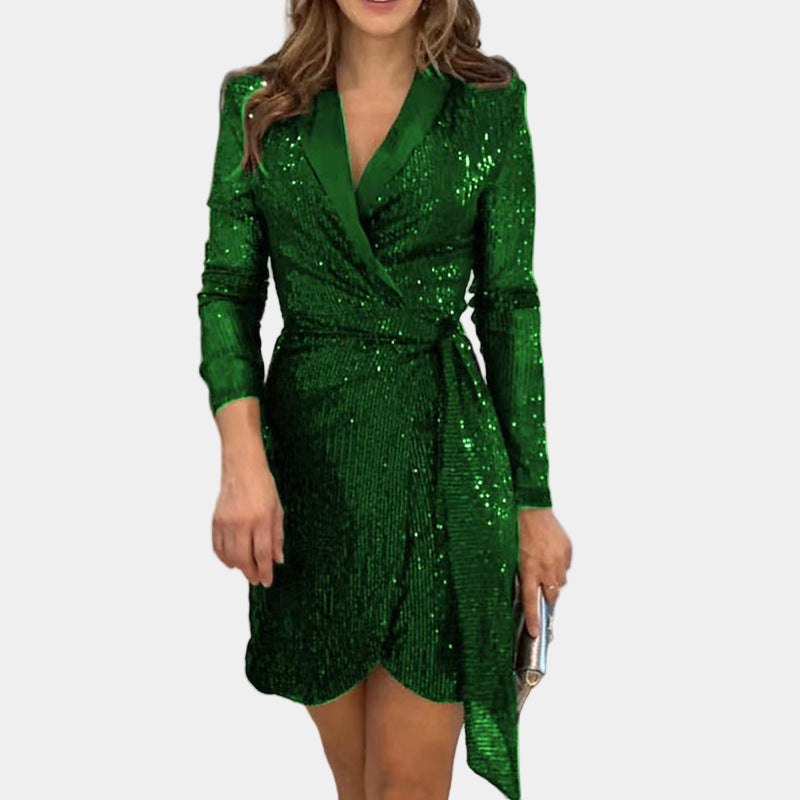 Damen Glänzendes Blazerkleid mit V‑Ausschnitt