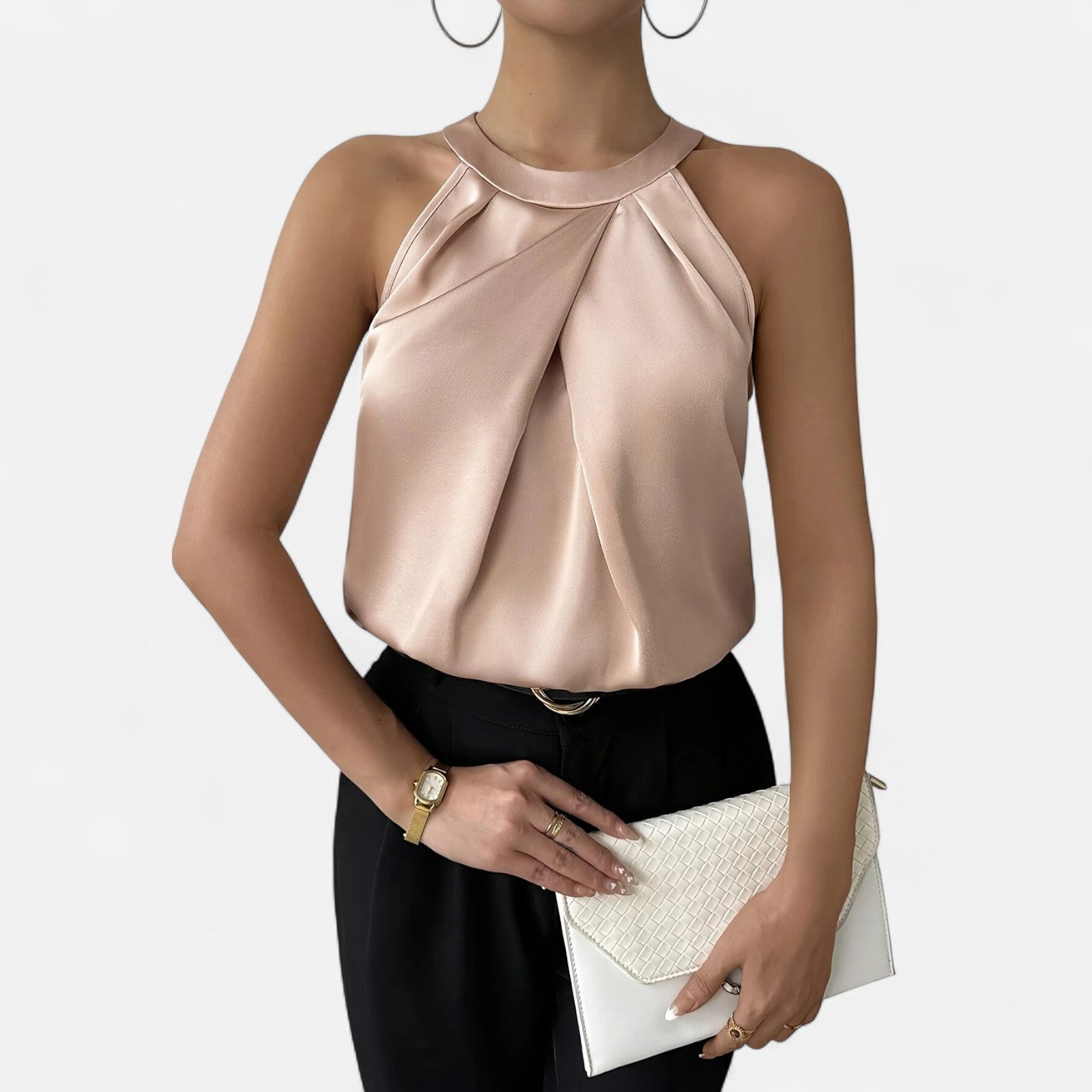 Damen Satin-Top mit Plissiertem Vorderteil und Drapiertem Abschluss