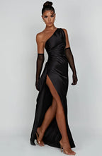 Women's Satin Dress with Single Strap and Slit