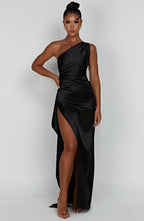 Women's Satin Dress with Single Strap and Slit