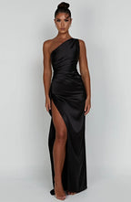 Women's Satin Dress with Single Strap and Slit