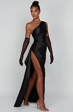Women's Satin Dress with Single Strap and Slit