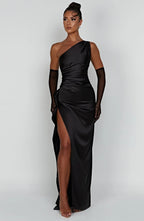 Women's Satin Dress with Single Strap and Slit