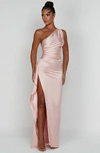 Women's Satin Dress with Single Strap and Slit