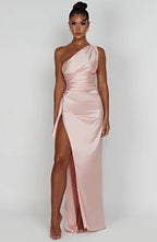 Women's Satin Dress with Single Strap and Slit