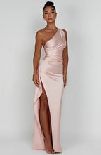 Women's Satin Dress with Single Strap and Slit