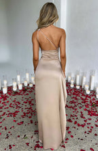Women's Satin Dress with Single Strap and Slit
