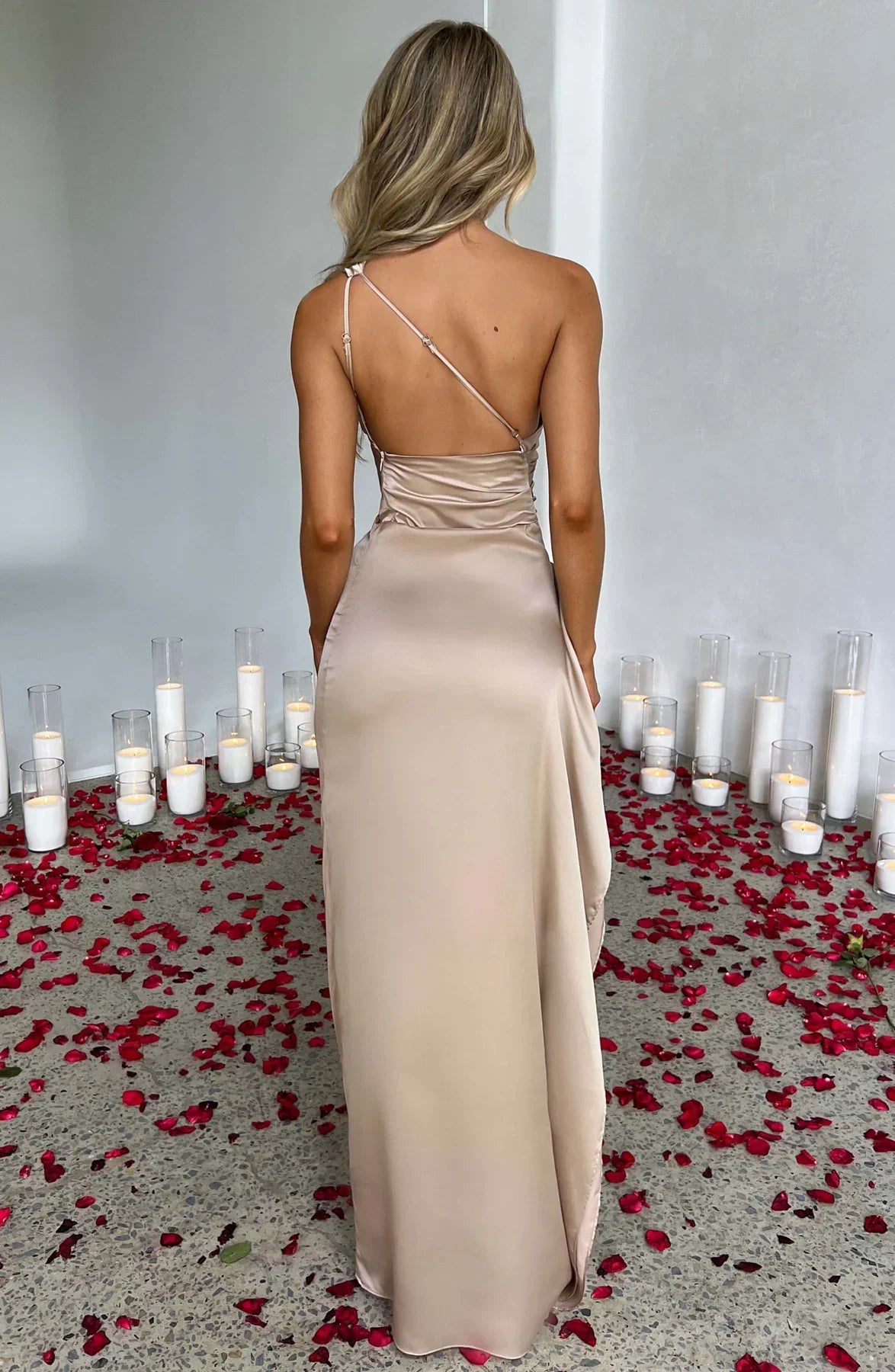 Women's Satin Dress with Single Strap and Slit