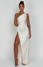 Women's Satin Dress with Single Strap and Slit