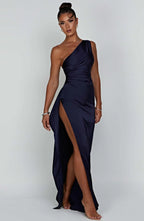 Women's Satin Dress with Single Strap and Slit