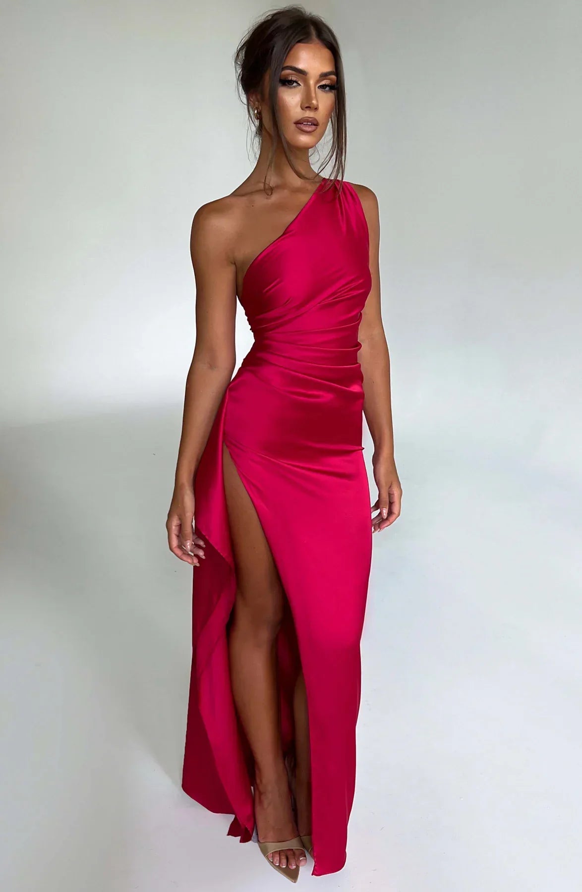 Women's Satin Dress with Single Strap and Slit