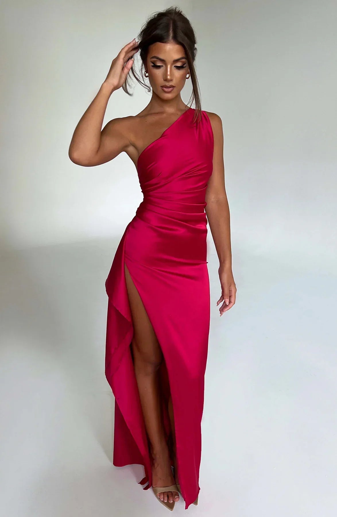 Women's Satin Dress with Single Strap and Slit