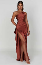 Women's Satin Dress with Single Strap and Slit