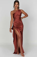 Women's Satin Dress with Single Strap and Slit