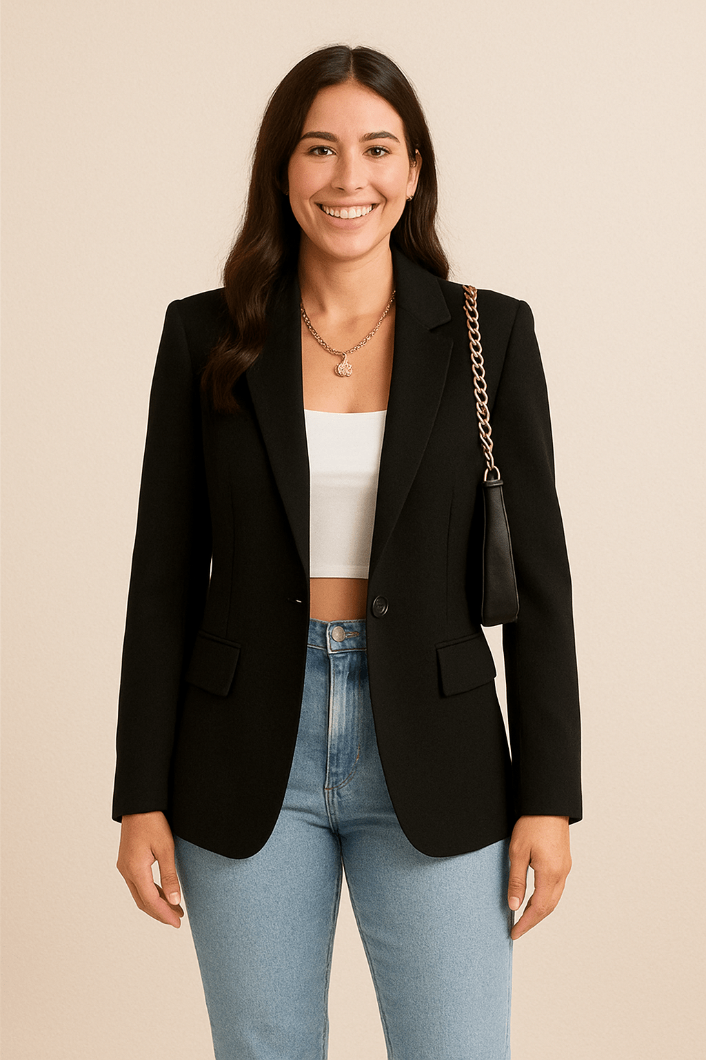 Damski Taliowany Blazer z Klasycznym Rewersem