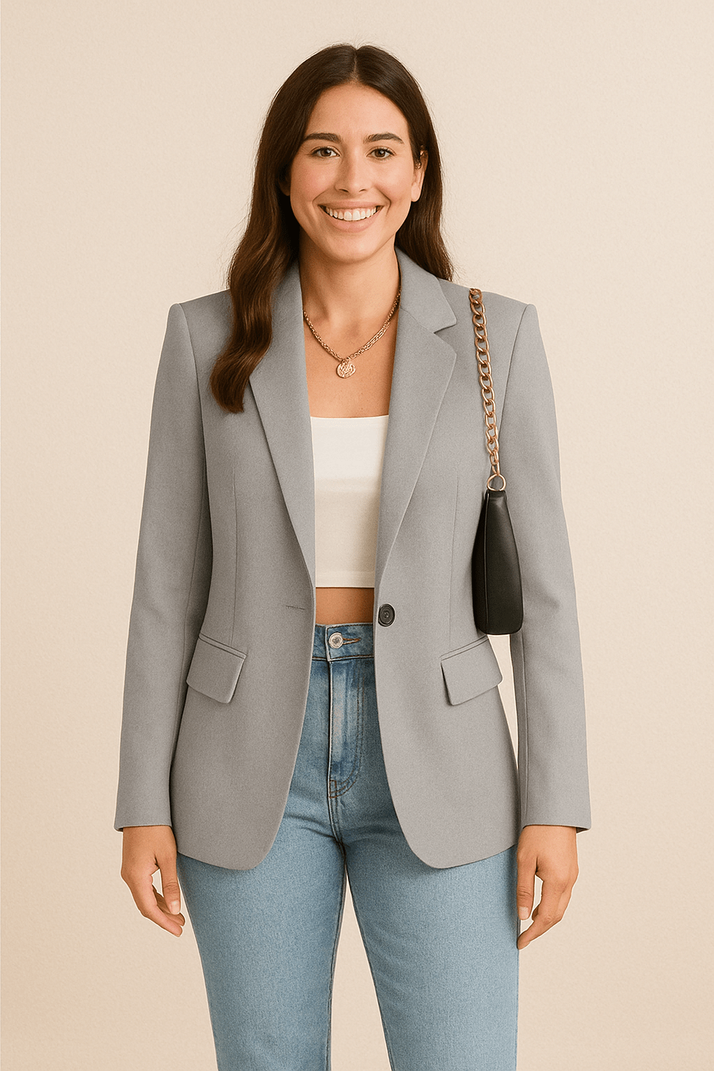 Damski Taliowany Blazer z Klasycznym Rewersem