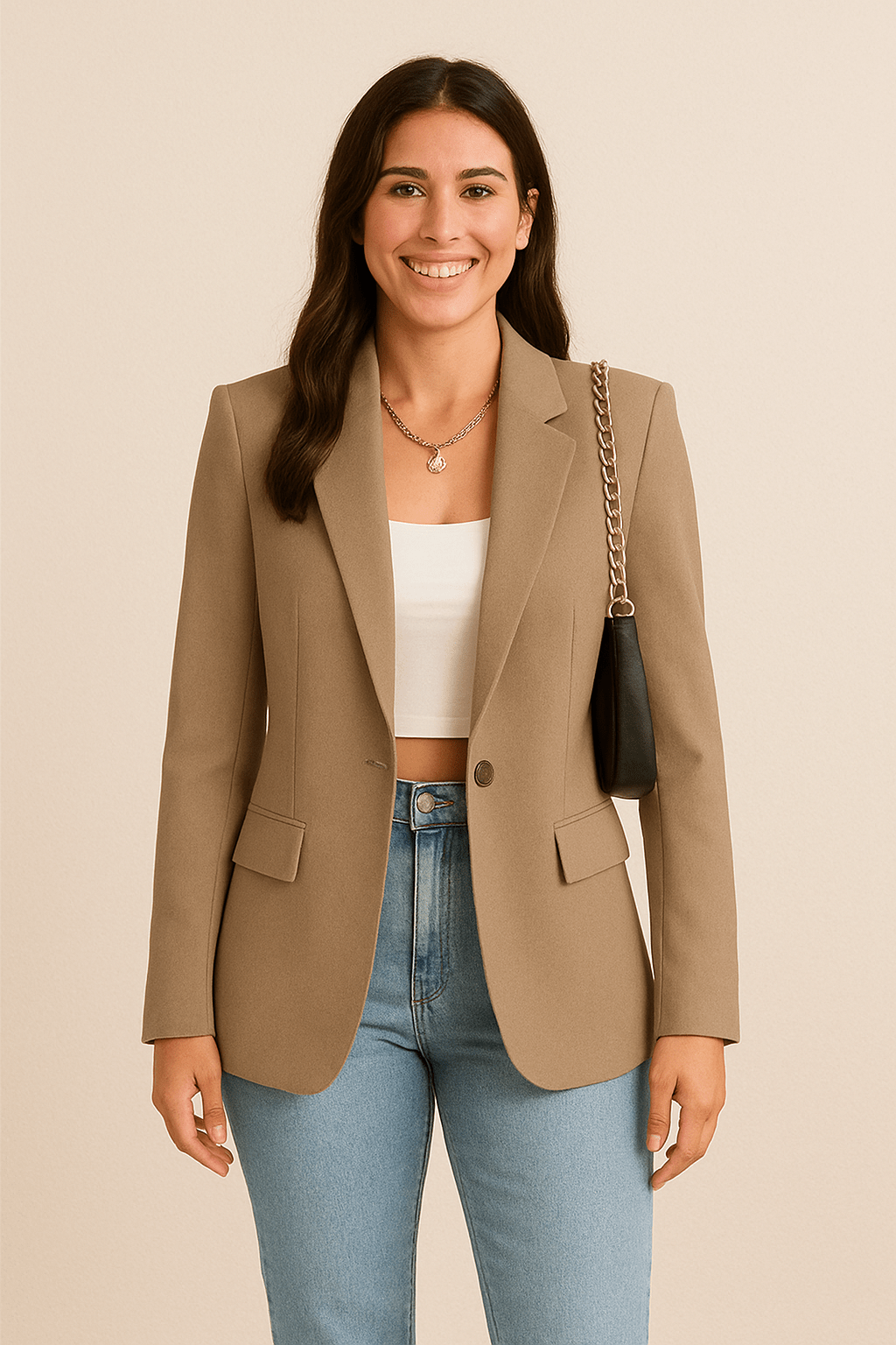 Damski Taliowany Blazer z Klasycznym Rewersem