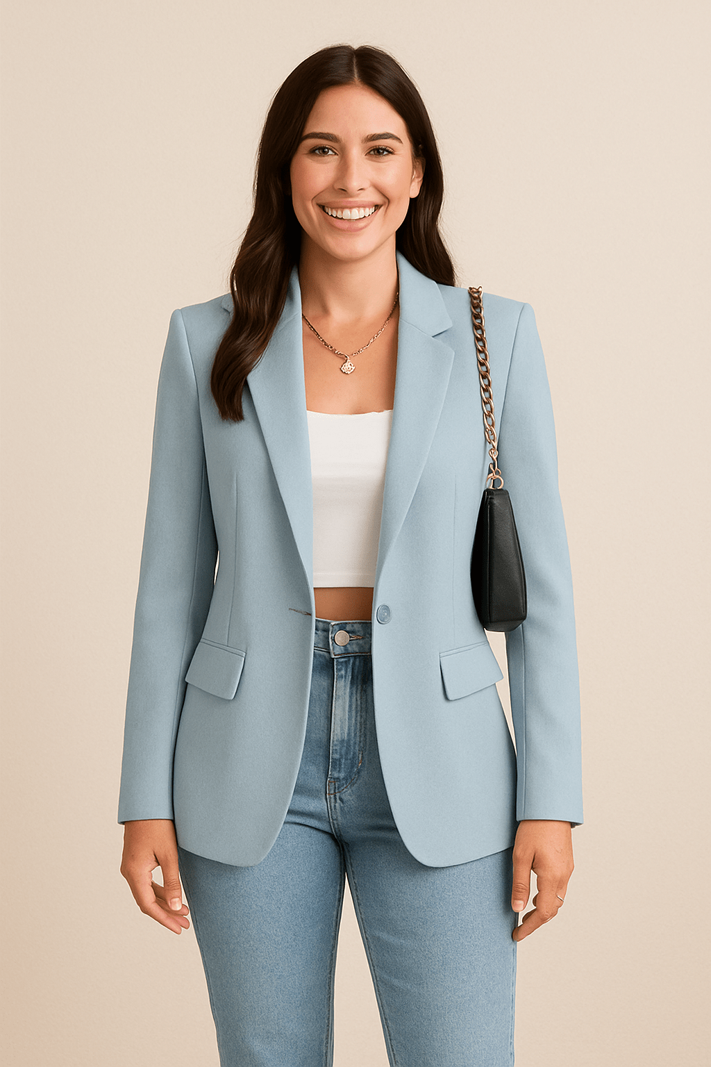 Damski Taliowany Blazer z Klasycznym Rewersem