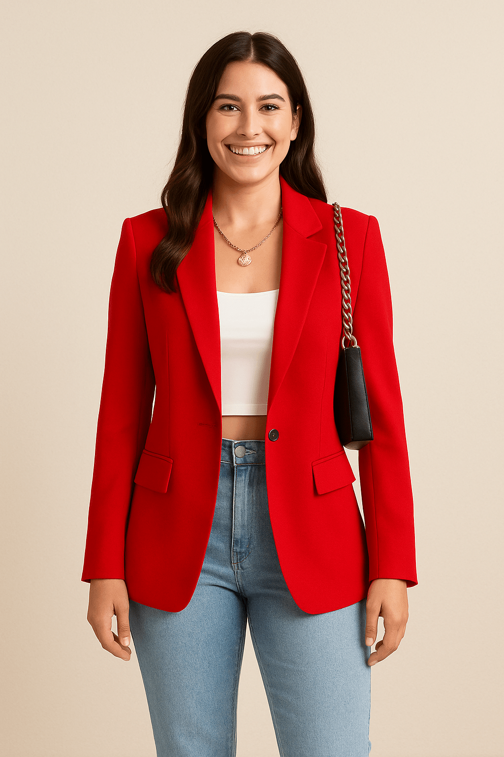 Damski Taliowany Blazer z Klasycznym Rewersem