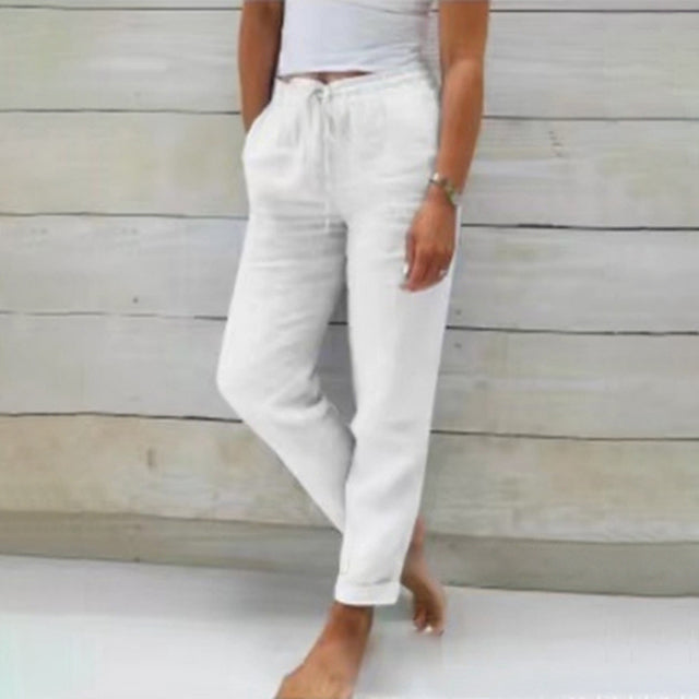 Damskie Spodnie Casual z Prostowną Nogawką i Naturalną, Letnią Linią