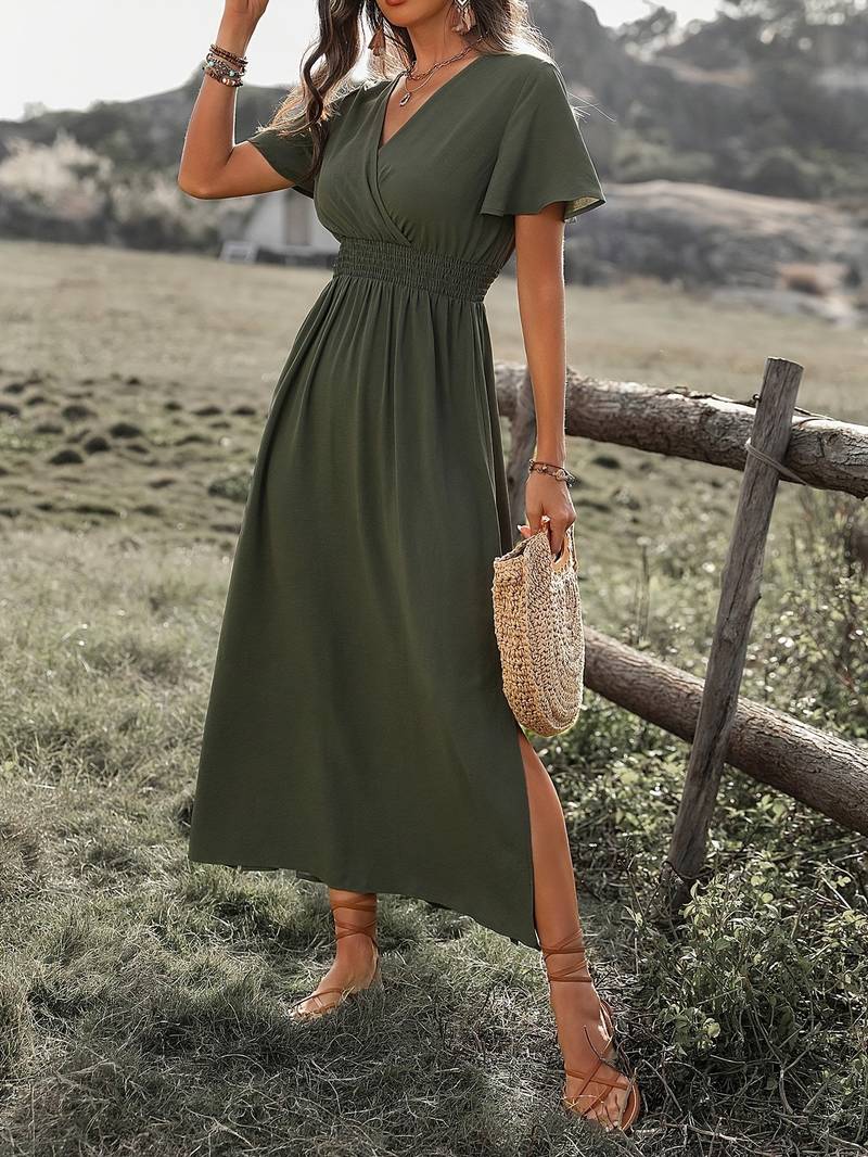 Elegancka Damska Sukienka z Krótkimi Rękawami i Kołnierzem