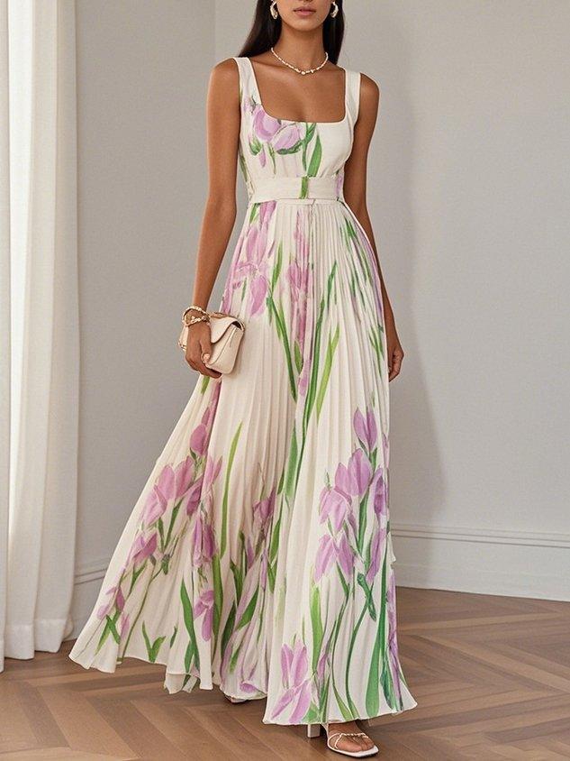 Women's Chiffon Maxi Dress with Floral Pleats and Square Neckline
