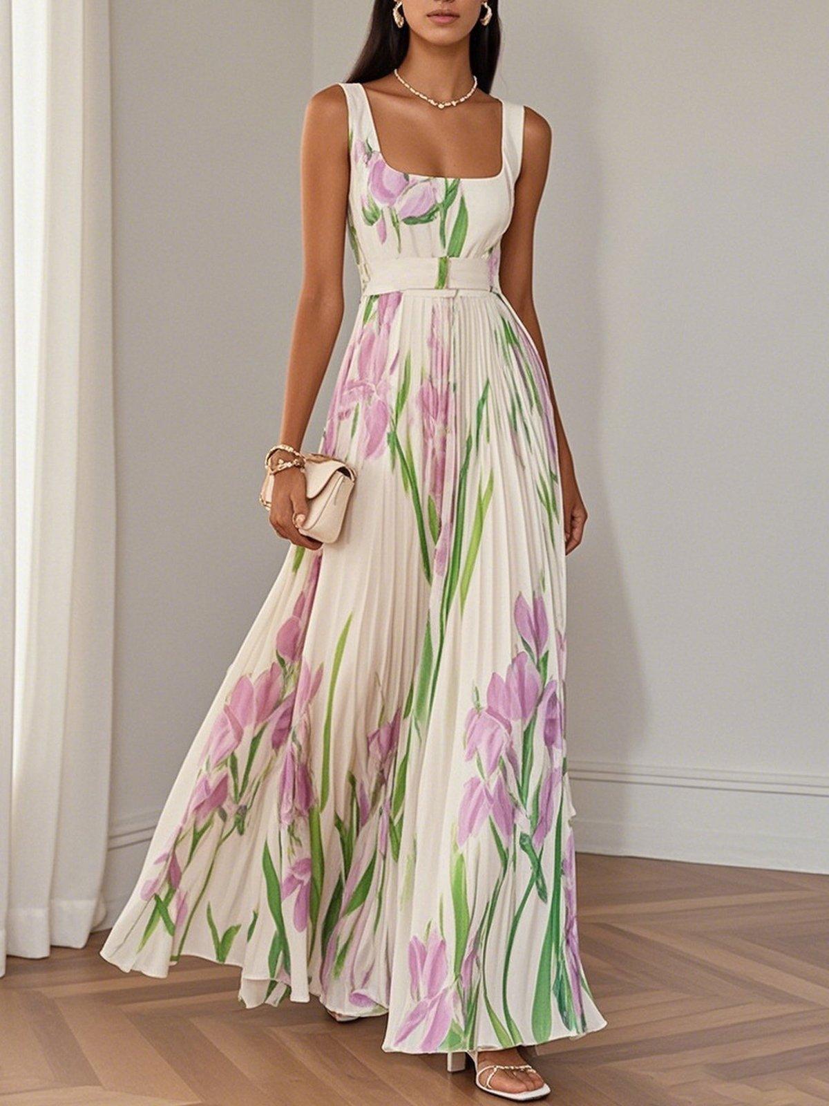 Women's Chiffon Maxi Dress with Floral Pleats and Square Neckline