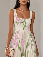 Women's Chiffon Maxi Dress with Floral Pleats and Square Neckline