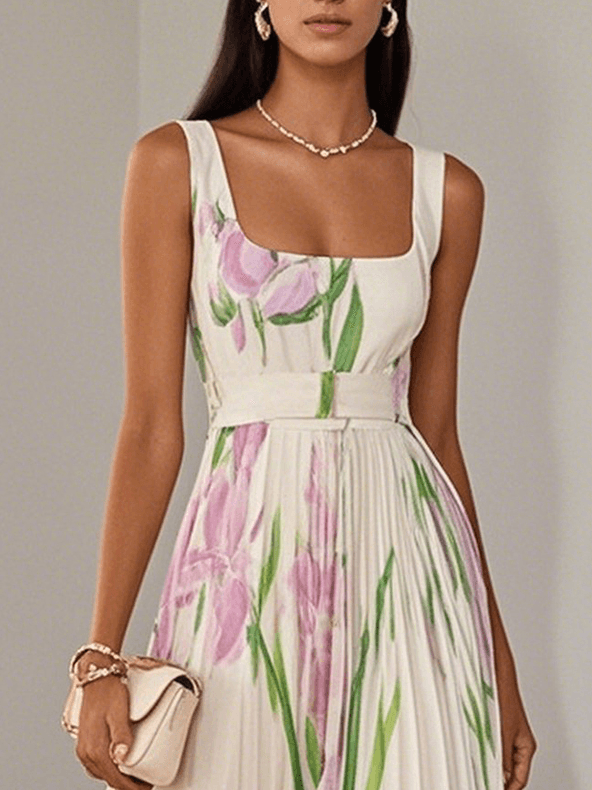 Women's Chiffon Maxi Dress with Floral Pleats and Square Neckline