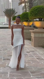 Damen Maxikleid ohne Träger mit Halstuch-Element und hohem Schlitz
