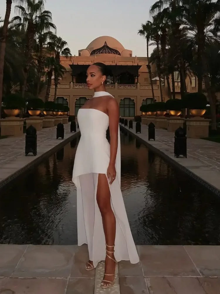 Damen Maxikleid ohne Träger mit Halstuch-Element und hohem Schlitz