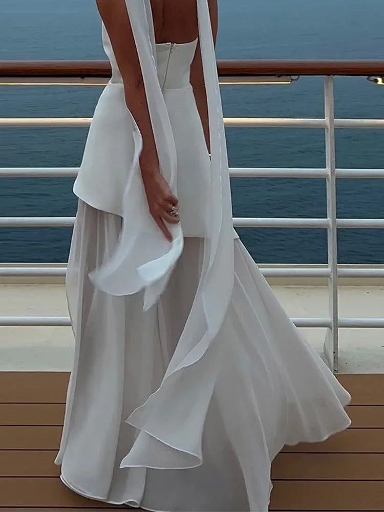 Damen Maxikleid ohne Träger mit Halstuch-Element und hohem Schlitz