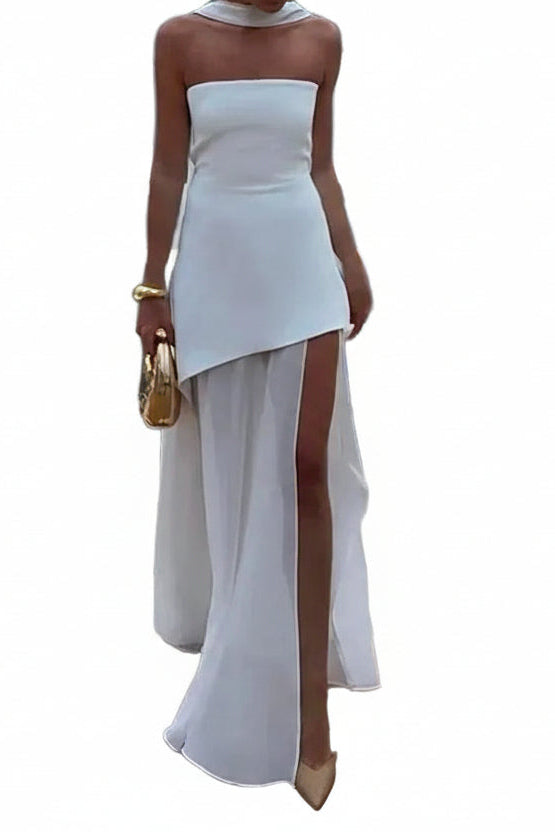 Damen Maxikleid ohne Träger mit Halstuch-Element und hohem Schlitz
