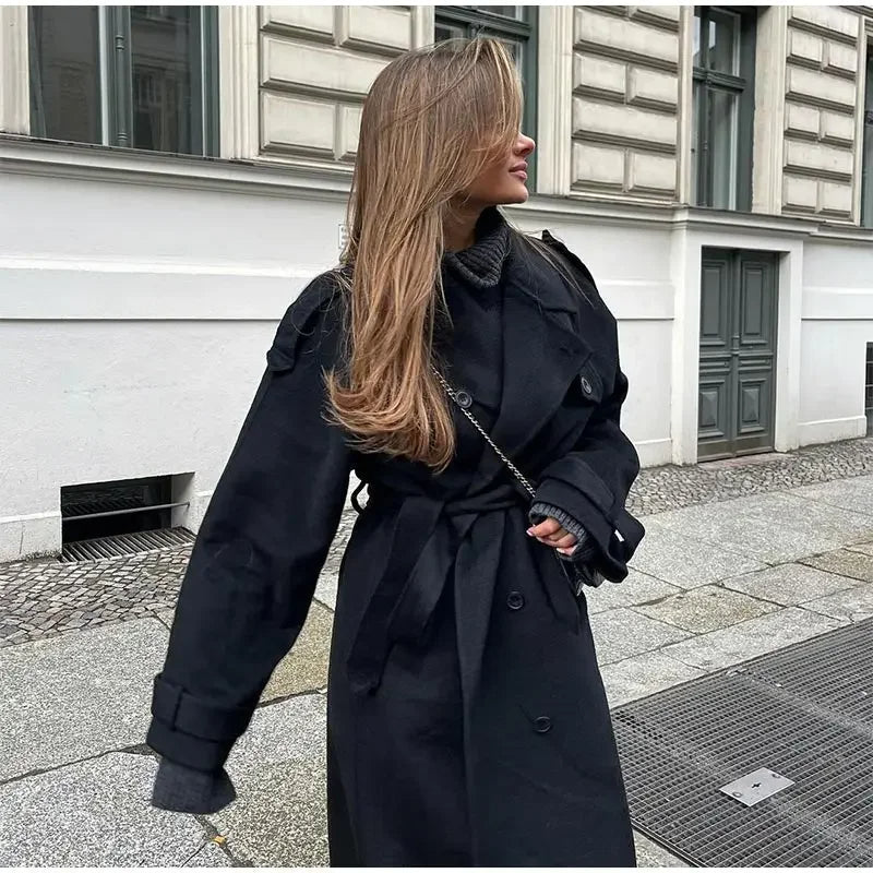 Damski długi płaszcz zimowy oversize dwurzędowy elegancki