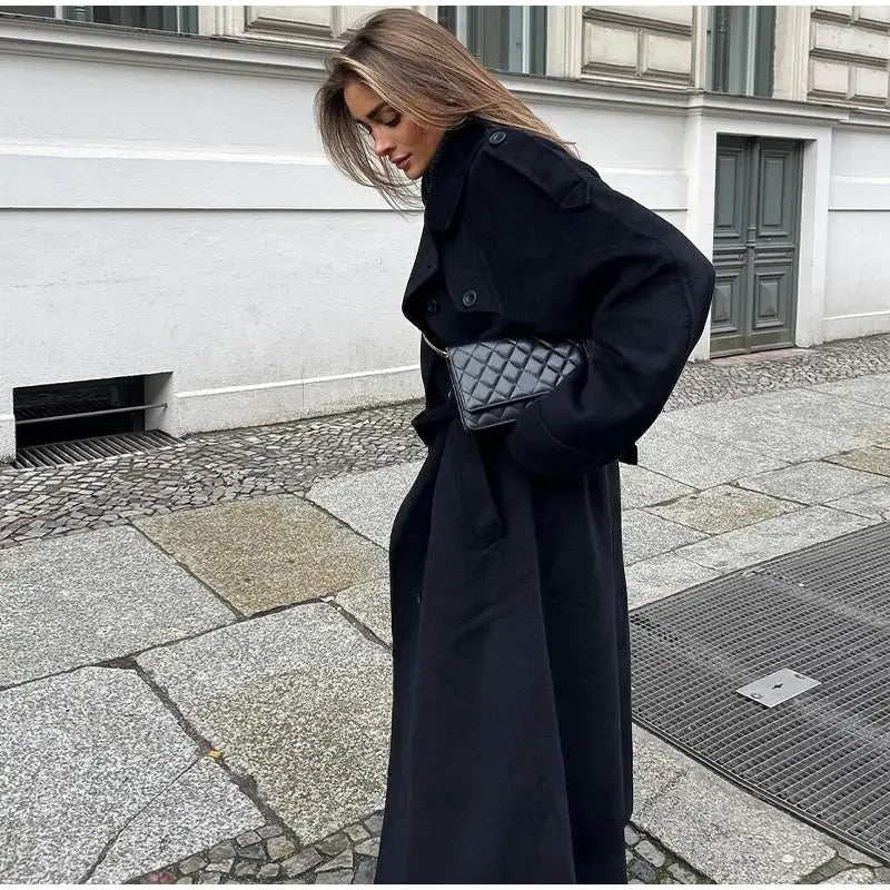 Damski długi płaszcz zimowy oversize dwurzędowy elegancki