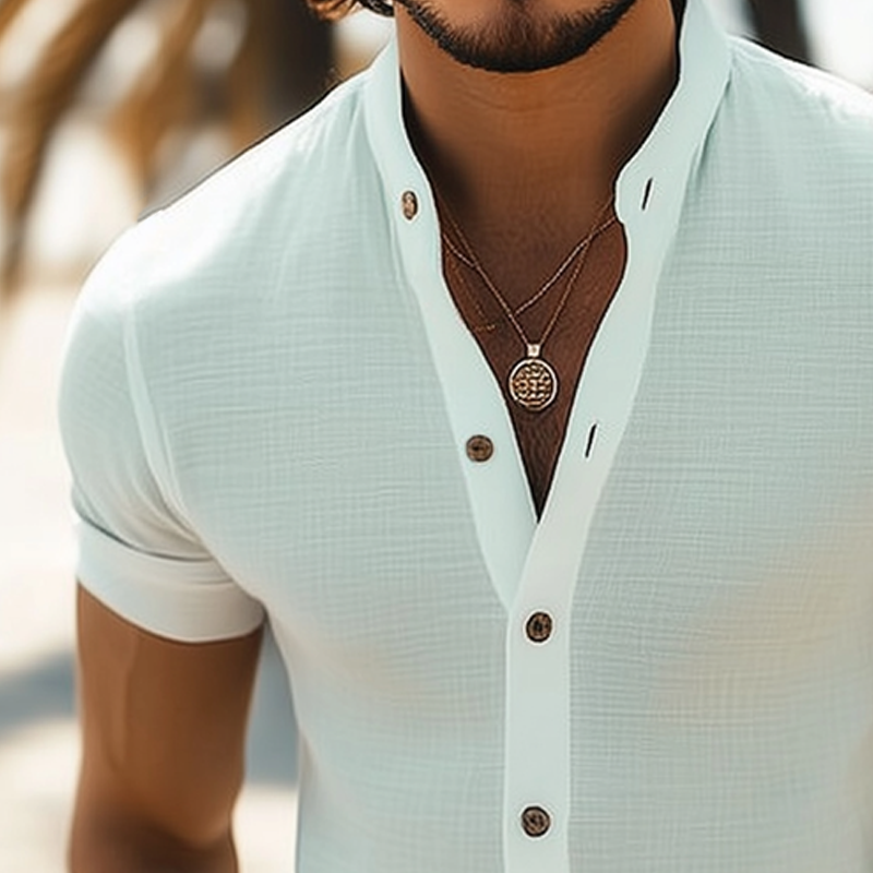 Męska Teksturowana Koszula z Kołnierzykiem Stójkowym i Krótkim Rękawem