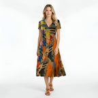 Midi-Kleid mit abstraktem Muster und V-Ausschnitt