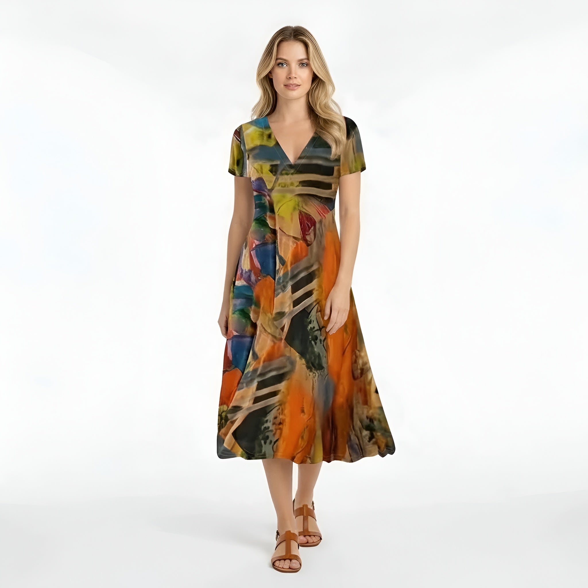 Midi-Kleid mit abstraktem Muster und V-Ausschnitt