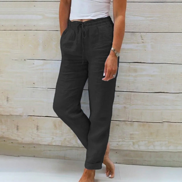 Damskie Spodnie Casual z Prostowną Nogawką i Naturalną, Letnią Linią
