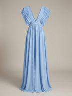 Damen Maxi Kleid A-Linie mit V-Ausschnitt und Rüschen