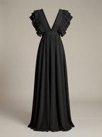 Damen Maxi Kleid A-Linie mit V-Ausschnitt und Rüschen