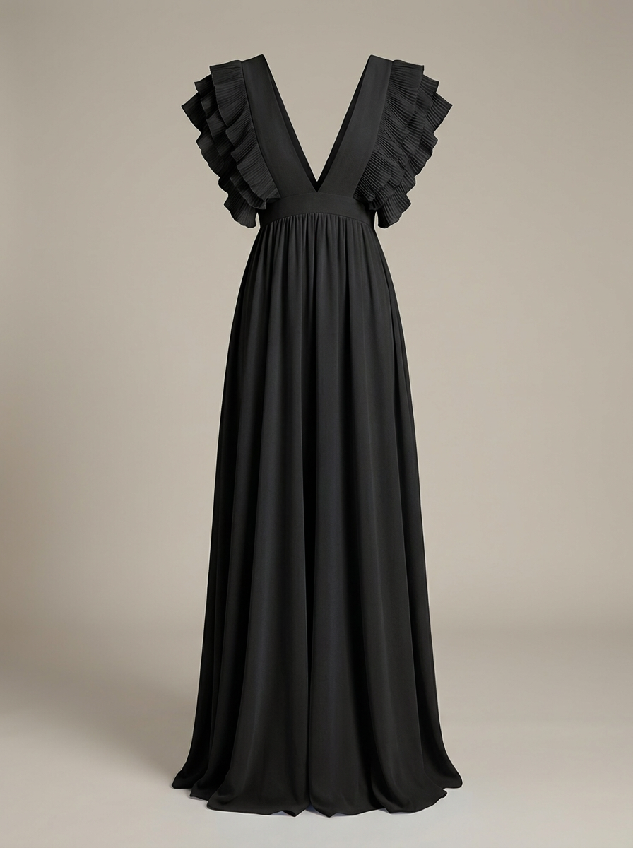 Damen Maxi Kleid A-Linie mit V-Ausschnitt und Rüschen