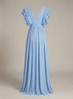 Damen Maxi Kleid A-Linie mit V-Ausschnitt und Rüschen